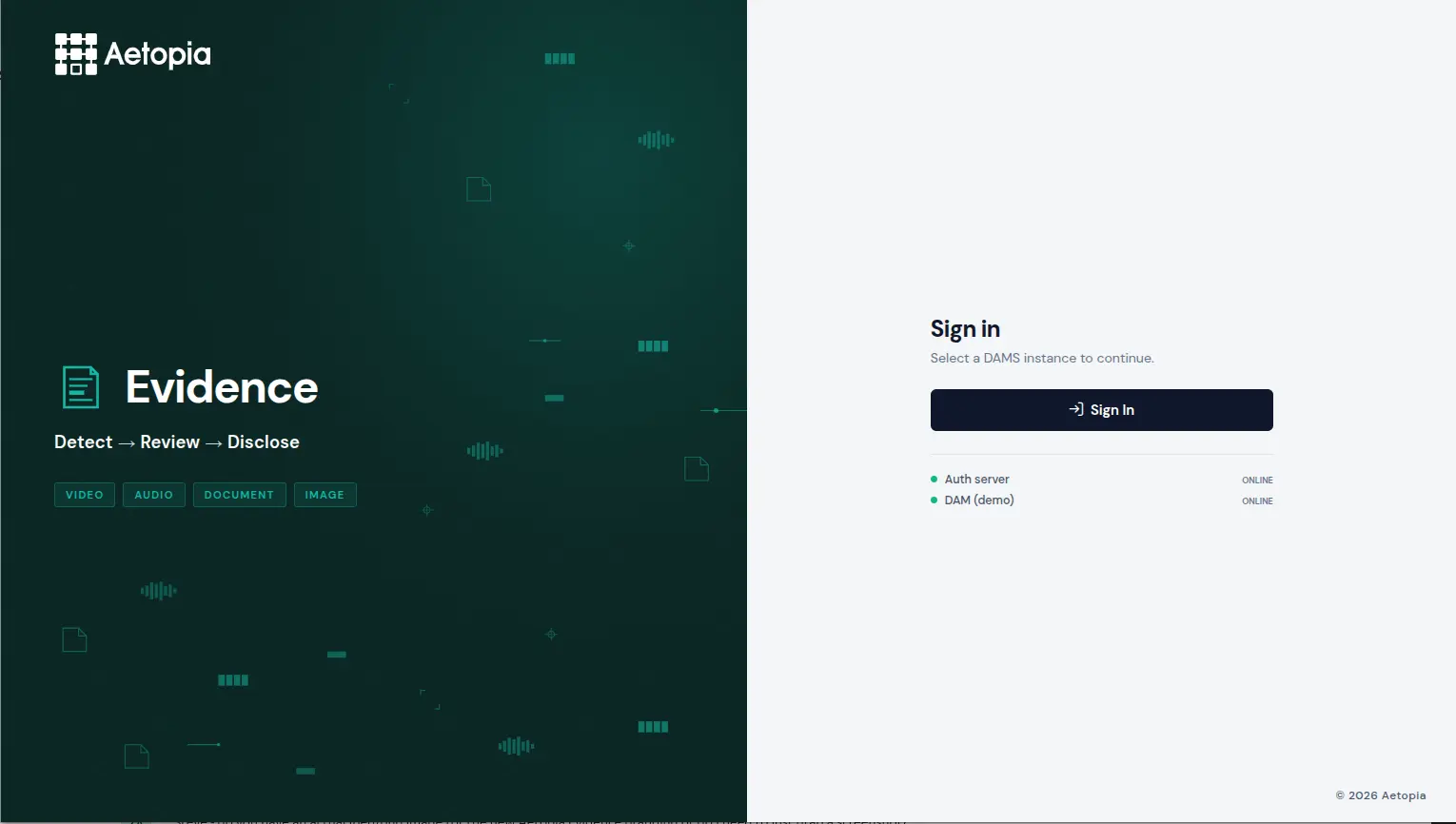 Aetopia Evidence sign-in screen showing the secure platform login for digital evidence management